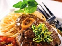 Osso buco with risotto and barley deer